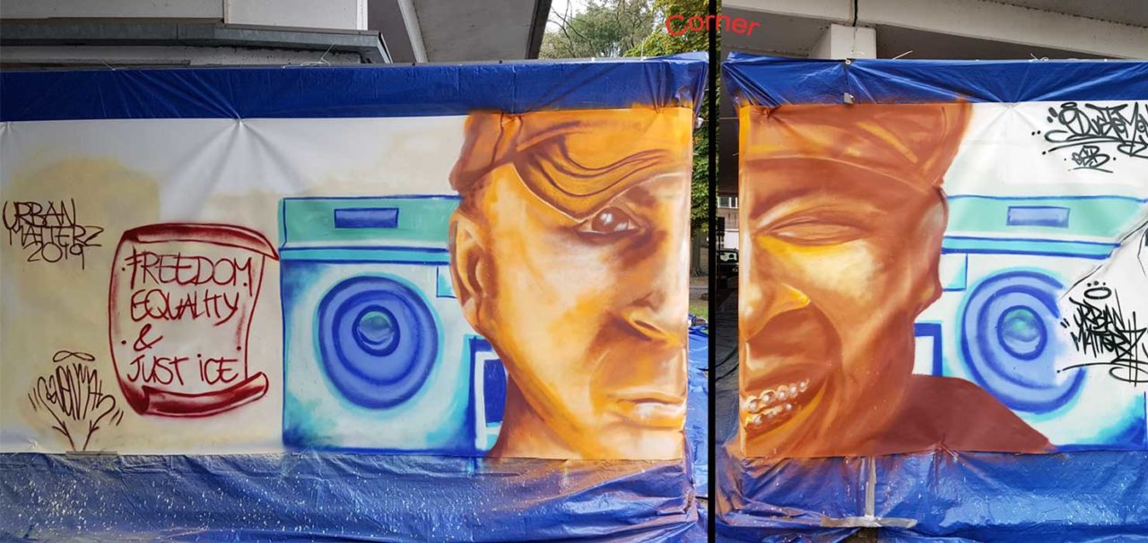 Graffiti portret Just Ice & Mantronix @ Urban Matterz Festival, Helmond (Sven Bakker)