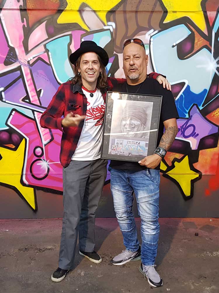 Graffiti legend T-Kid and Sven Svenimal Bakker with portrait (charcoal & pastel on Mitteintes, 42x30cm)  @ Unframed, Heerlen (2019)