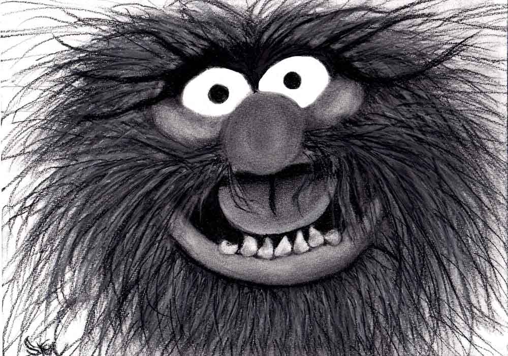 Portrait drawing Animal (The Muppet Show). Charcoal on Clairfontaine Dessin a Grain 180 gr paper (21x29,7cm) (2014) (sveninmal.art)