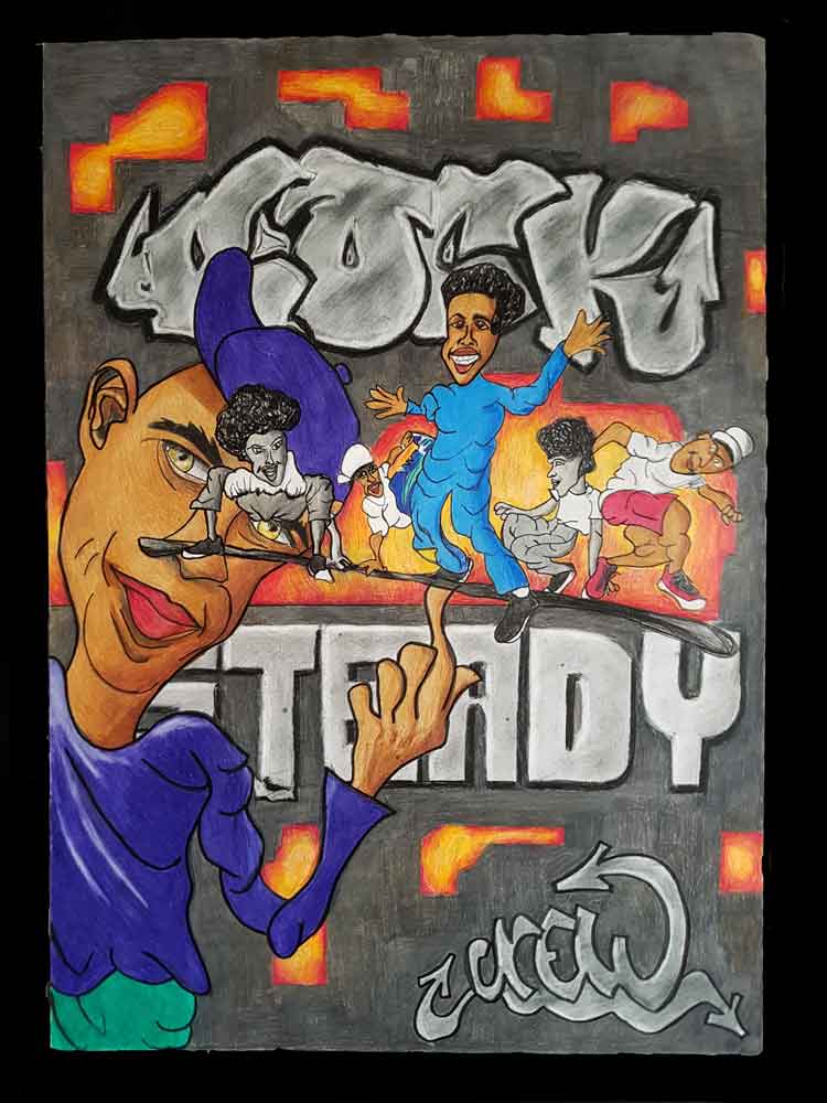 Cartoon drawing Crazy Legs (Rock Steady Crew) @ Urban Matterz, Cacao Fabriek, Helmond. Polychtromos on Daler Rowney Smooth -Heavyweight (59,4x42cm) (2017) (svenimal.art)