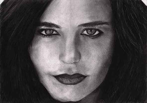 Portrait painting Eva Green. Charcoal on Clairefontaine Dessin a Grain 180 gr paper (21x29,7cm) (2013)