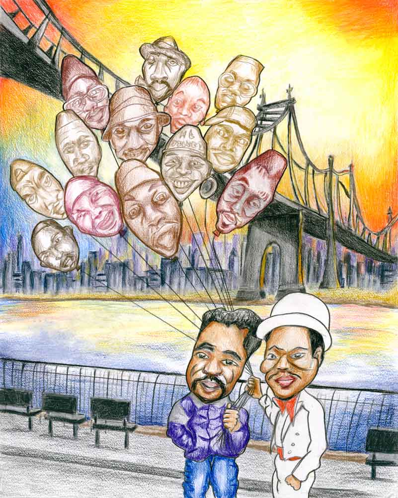 Cartoon drawing Juice Crew with Mr. Magic & Marley Marl @ ‘t Paard, Den Haag. Polychtromos on Canson Montval Aquarelle 300 gr (40x50cm) (2017) (svenimal.art)