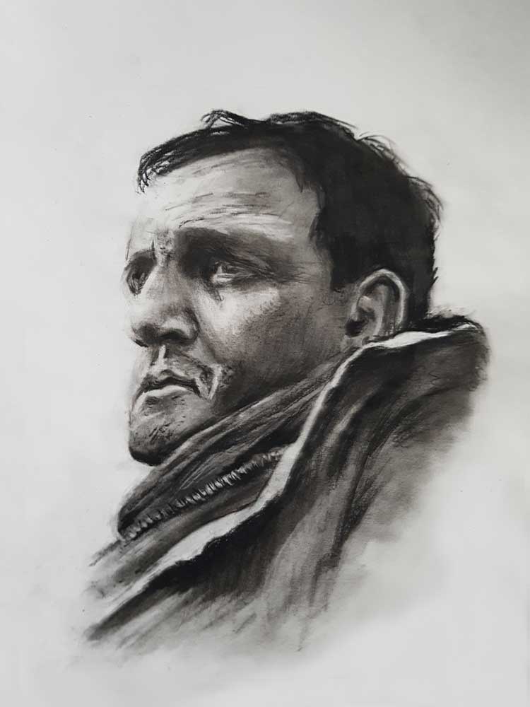 Lino Ventura portrait drawing. Charcoal on 55 gr newspaper paper (54x74cm) (2018) (svenimal.art)