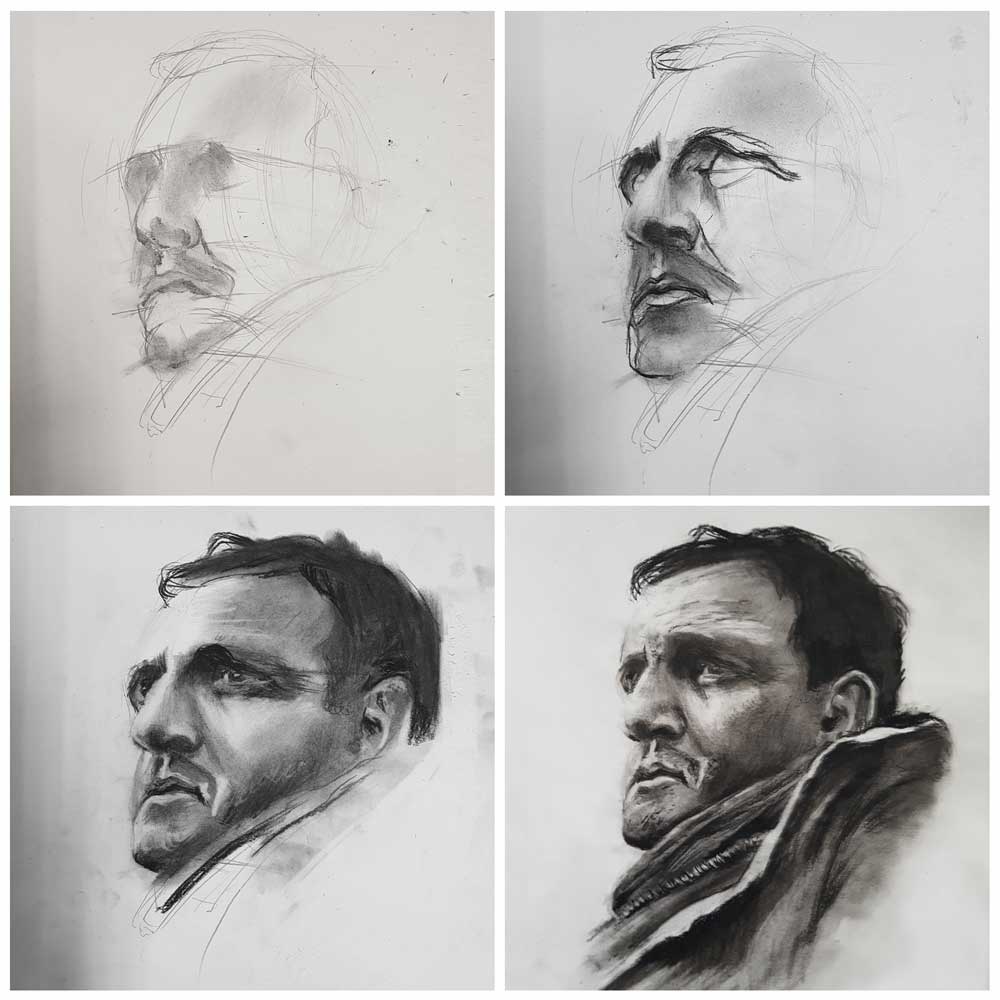 Lino Ventura portrait drawing “Making Of”. Charcoal on 55 gr newspaper paper (54x74cm) (2018) (svenimal.art)