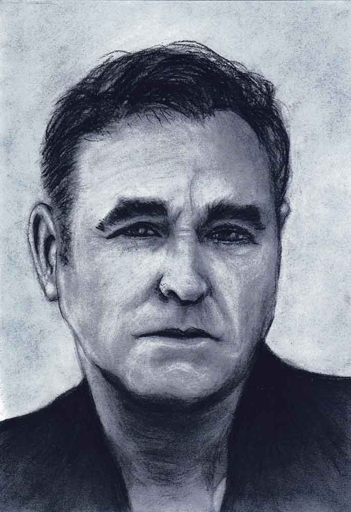 Portrait drawing Morrissey (The Smiths). Charcoal on Clairfontaine Dessin a Grain 180 gr paper edited in Photoshop (21x29,7cm) (2015) (svenimal.art)