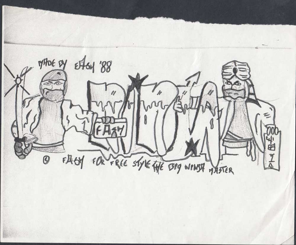 Ninja graffiti sketch with letters and characters. Graphite and markers on standard paper 5 gr paper (21x17cm) (1988) (svenimal.art)