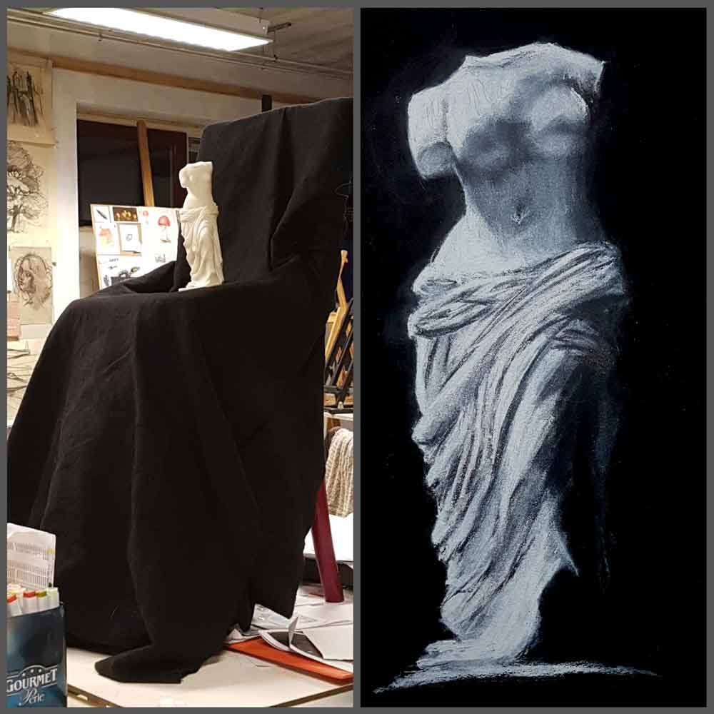 Figure drawing study. Pastel on black paper (unknown) (29,5x42cm) (2018) (svenimal.art)