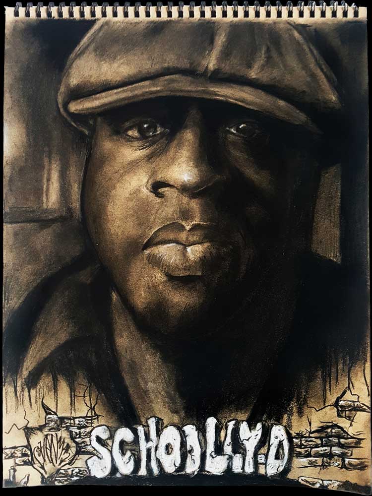 Schoolly D charcoal drawing on 118 gr Strathmore Toned Tan (27,9x35,6cm) (2018) (svenimal.art)