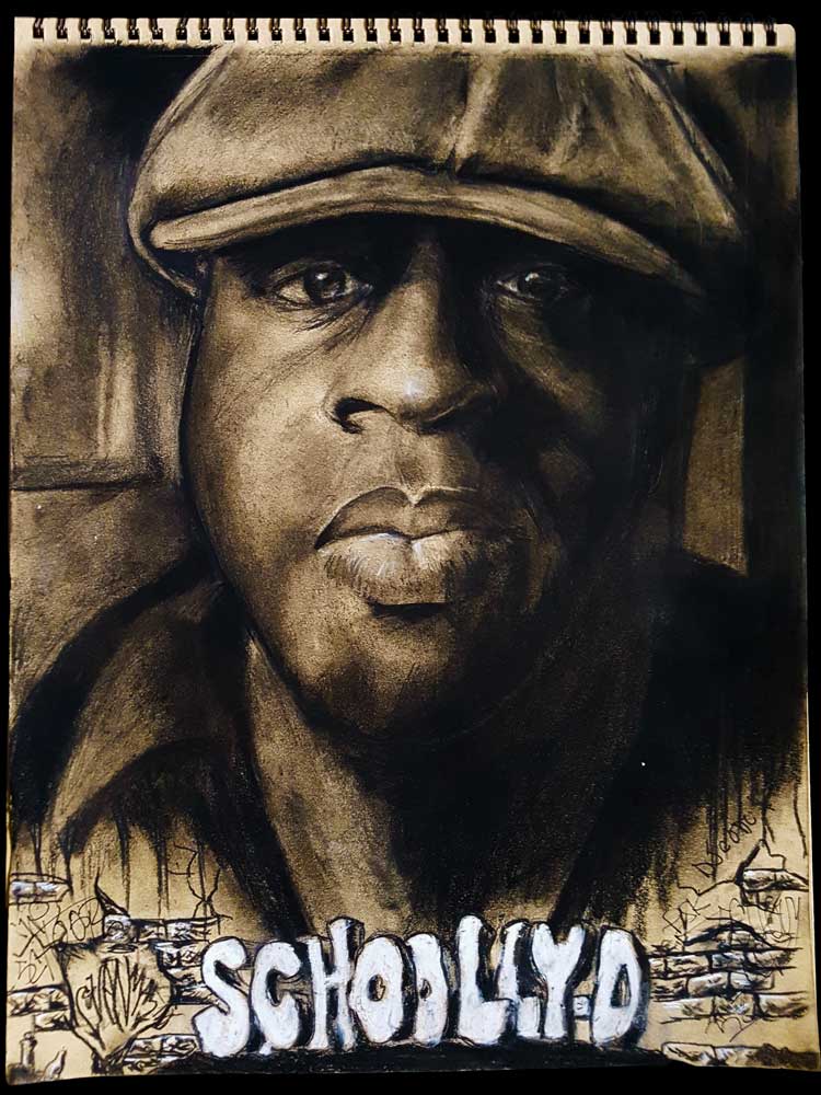 Signed Schoolly D charcoal drawing on 118 gr Strathmore Toned Tan (27,9x35,6cm) (2018) (svenimal.art)