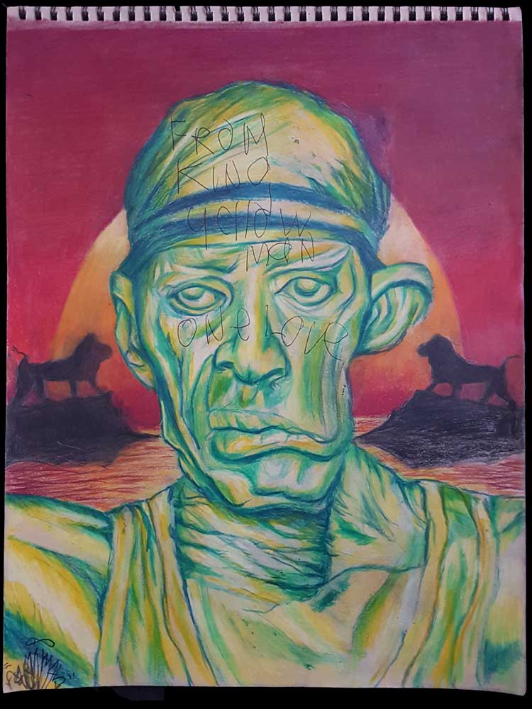 Yelloman portrait drawing. Polychromos colored pencils on Strathmore Toned Tan 118 gr (27,9x35,6) (2019) (svenimal.art)