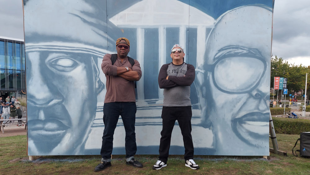 Graffiti streetart tribute portrait mural Schoolly D and Ice Dog with themselves (Tuff Crew) @ Urban Matterz. Cacao Fabriek, Helmond (2022) (svenimal.art)