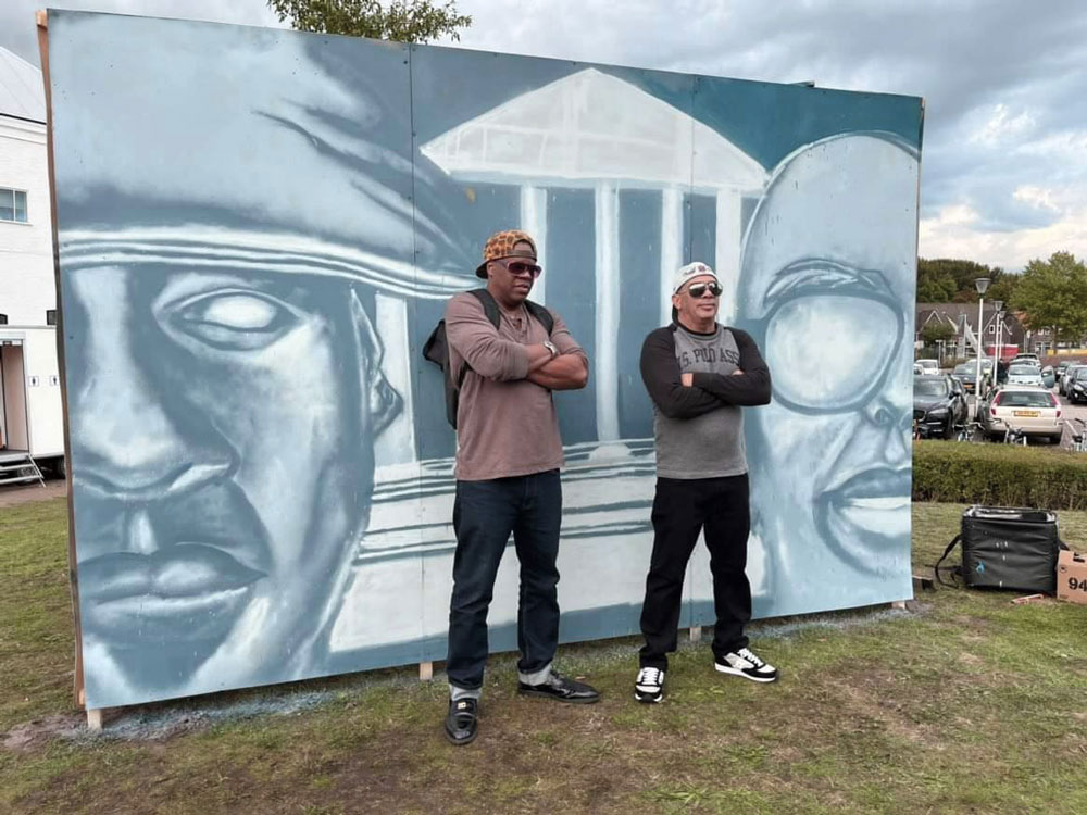 Graffiti streetart tribute portrait mural Schoolly D and Ice Dog with themselves (Tuff Crew) @ Urban Matterz. Cacao Fabriek, Helmond (2022) (svenimal.art)
