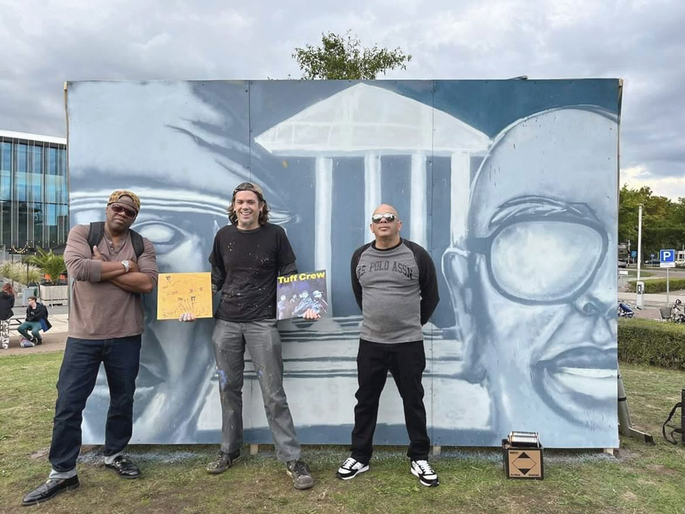 Graffiti streetart tribute portrait mural Schoolly D and Ice Dog with themselves (Tuff Crew) @ Urban Matterz. Cacao Fabriek, Helmond (2022) (svenimal.art)