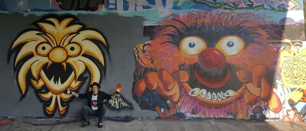 Animal Muppet with Svenimal drummer graffiti streetart tribute mural @ Flevo park, Amsterdam (2017) (svenimal.art)