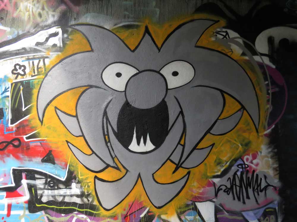 Svenimal graffiti character cartoon early grey version @ Flevo Park, Amsterdam (2016) (svenimal.art)