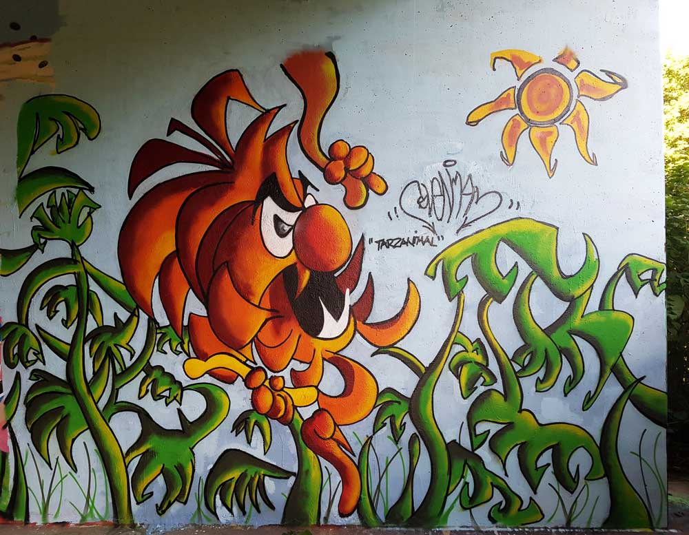 Svenimal graffiti streetart character cartoon “Tarzananimal” @ Flevoapark, Amsterdam (2017) (svenimal.art)