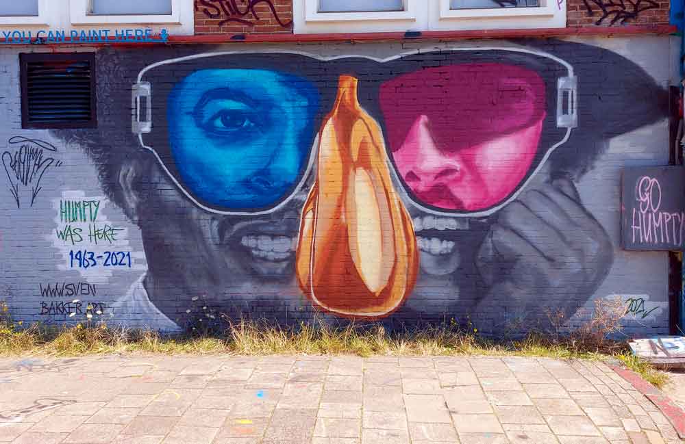 Graffiti tribute portrait mural Humpty (Shock G) from Digital Underground @ NDSM, Amsterdam (2021) (svenimal.art)