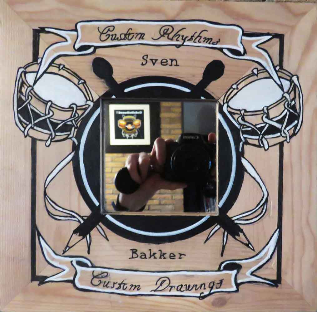 Painted mirror logo drum art. Acrylics on Ikea mirror from Waterloo Square (25x25cm)