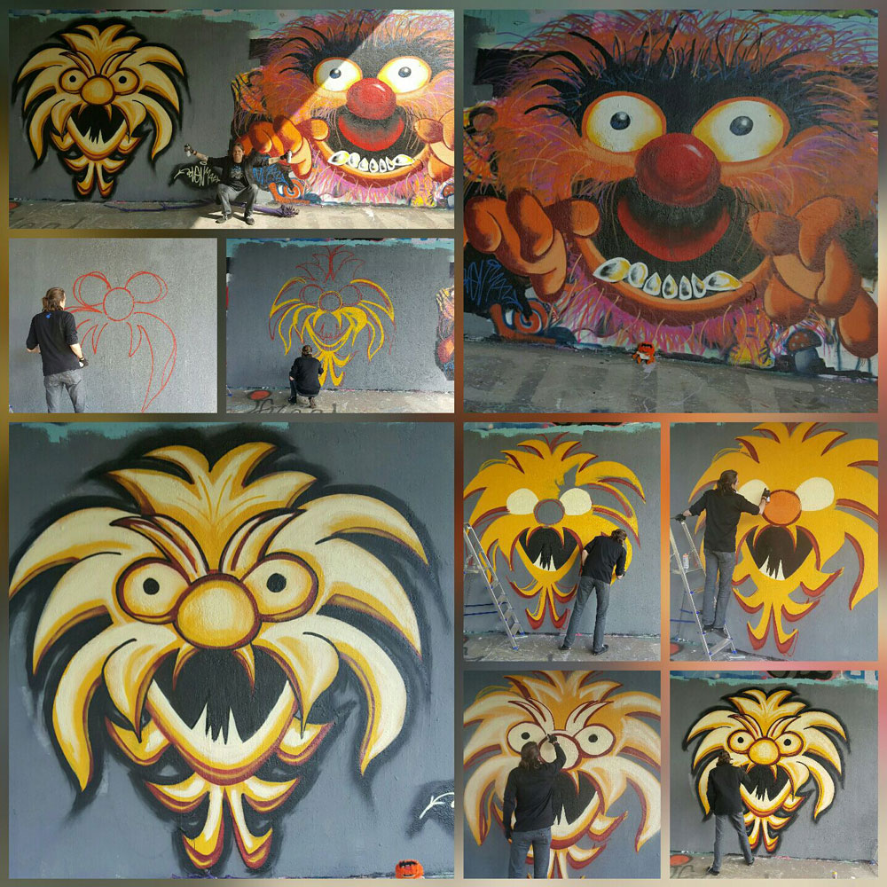 Sven Bakker (Svenimal) “making of” “Svenimal & Animal” huge Svenimal and muppet Animal (The Muppetshow) streetart grafitti mural @ Flevopark, Amsterdam