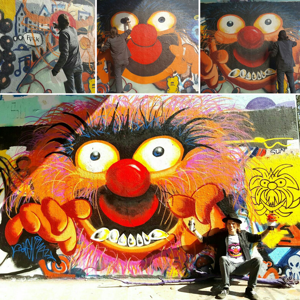 Sven Bakker (Svenimal) “making of” huge muppet Animal (The Muppetshow) streetart grafitti mural @ Flevopark, Amsterdam