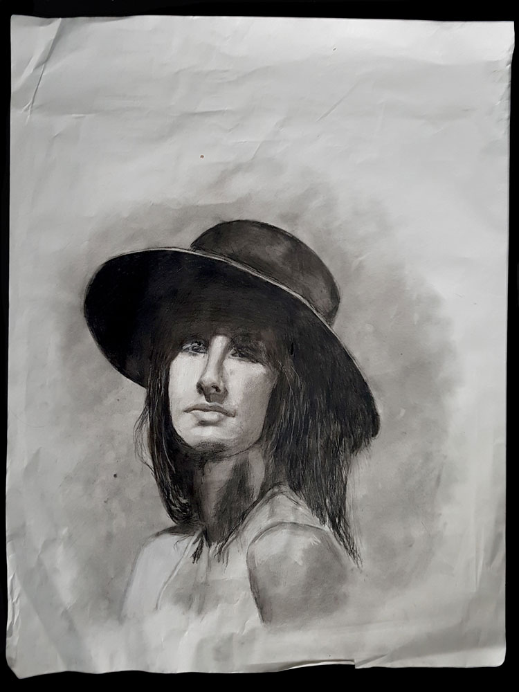 Girl with hat portrait drawing. Charcoal on 55 gr newspaper paper (54x74cm) (2017) (svenimal.art)