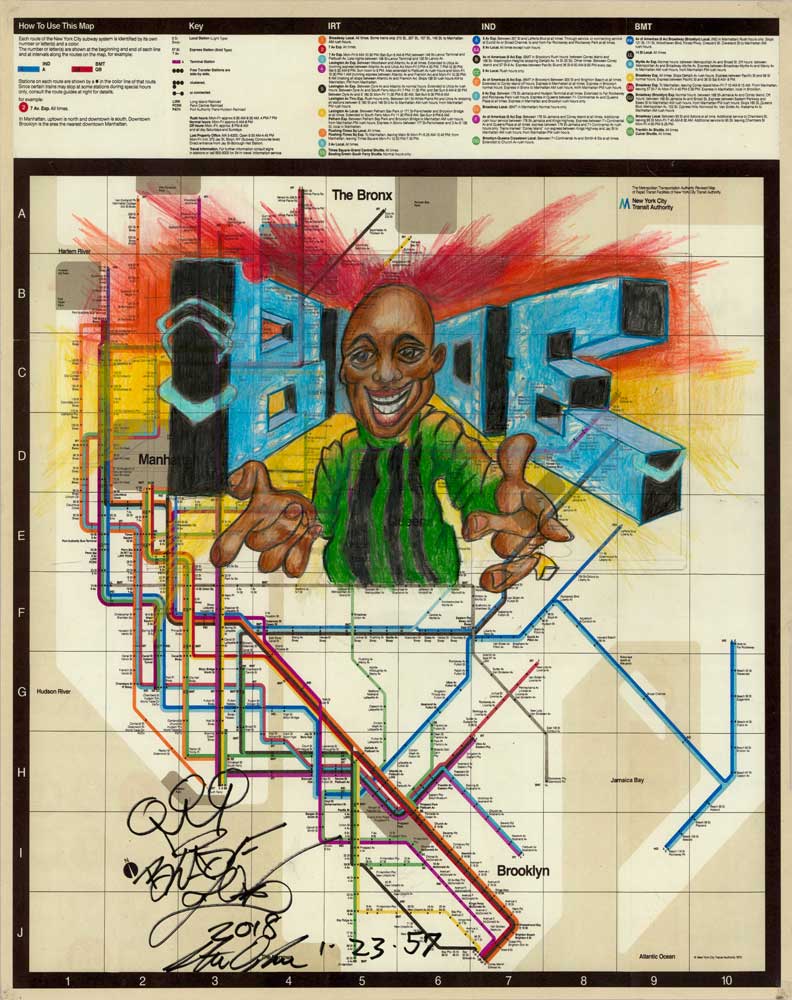 Blade, King Of Kings, portrait drawing. Polychromos colored pencils on original New York Subway map (ca. 40x50cm) (2018) (svenimal.art)