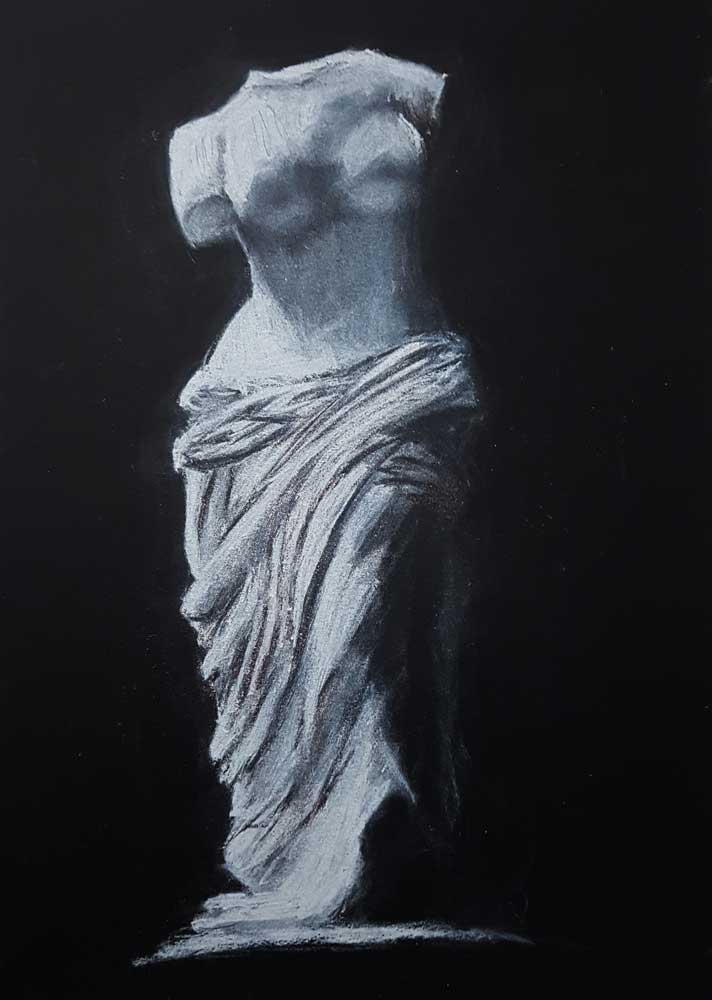 Life figure drawing from sculpture/ Pastel on black 160gr black paper (30x42cm) (2018) (svenimal.art)