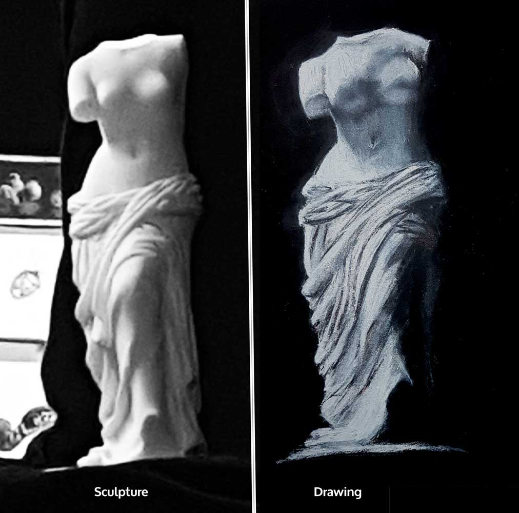 Life figure drawing from sculpture/ Pastel on black 160gr black paper (30x42cm) (2018) (svenimal.art)