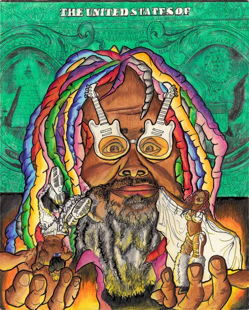 Signed George Clinton portrait drawing. Polychromos colored pencils on 300 gr Canson Montvalle paper (40x50cm) (2018) (svenimal.art)