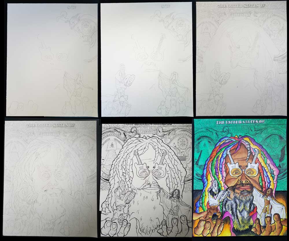 “Making of” George Clinton portrait drawing. Polychromos colored pencils on 300 gr Canson Montvalle paper (40x50cm) (2018) (svenimal.art)