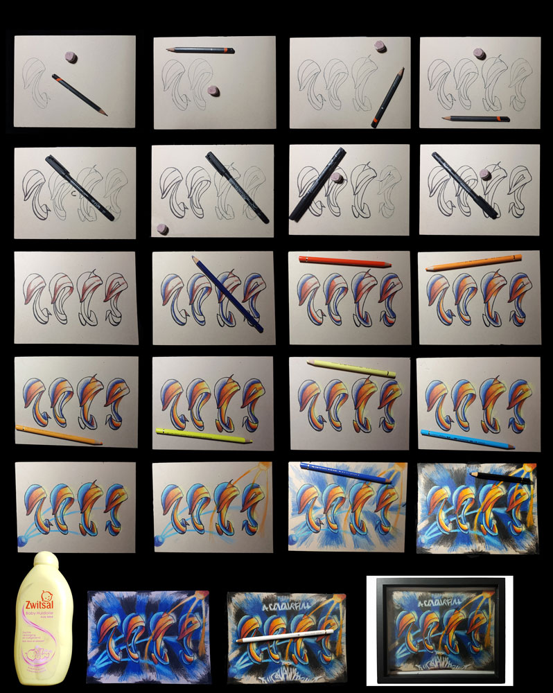 Making of Graffiti piece numbers new years card 2019. Polychromos colored pencils on 300 gr Strathmore Toned Tan Mixed Media 300 gr (15,2x20,3cm) (2018) (svenimal.art)