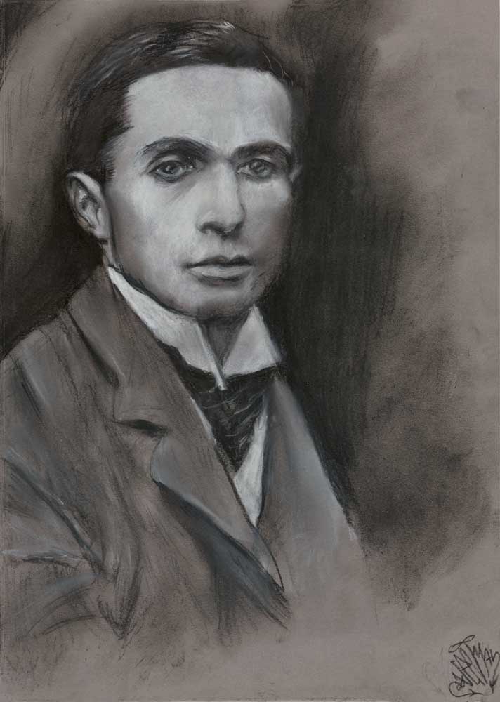 Joseph Christian Leyendecker portrait drawing. Pastel and charcoal drawing on unknown grey paper (max 160gr) (2019) (svenimal.art)