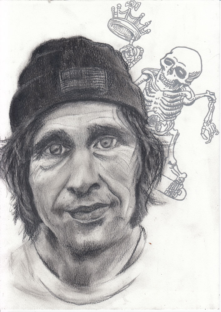 Rodney Mullen (skateboarder) portrait drawing. Mixed media on 180 gr Clairefontaine (21x29,7cm) (2018) (svenimal.art)